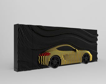 May include: A yellow car with black stripes is partially hidden behind a black wavy wall. The car is facing to the right and the wall is textured.