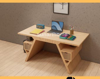 May include: A light-colored wooden desk with a unique geometric design, featuring two small drawers and a spacious tabletop. The desk has a laptop, clock, and stationery on top. The text "CNC FURNITURE FILE" and "CUTTING READY DXF FILE" are displayed.