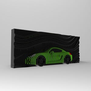 Diseño paramétrico con modelo de automóvil, madera ondulada paramétrica, arte de pared paramétrico, decoración de pared con modelo de automóvil