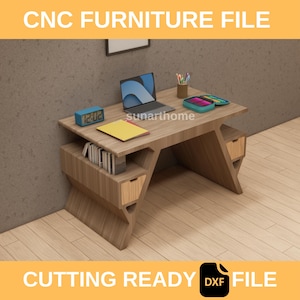 Puede incluir: Un escritorio de madera con un portátil, un reloj y artículos de papelería. El escritorio tiene un diseño geométrico único con almacenamiento y cajones integrados. El texto "CNC FURNITURE FILE" y "CUTTING READY DXF FILE" se muestra.