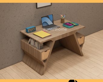 May include: A wooden desk with a laptop, clock, and stationery. The desk has a unique geometric design with built-in storage and drawers. The text "CNC FURNITURE FILE" and "CUTTING READY DXF FILE" are displayed at the top and bottom of the image.