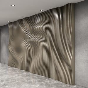 May include: A modern interior with a textured wall panel. The wall panel has a wave-like design with vertical lines in a light brown color. The room has a concrete floor and a gray wall.