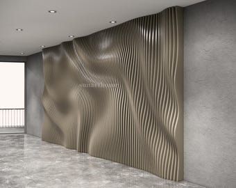 May include: A modern interior with a textured wall panel. The wall panel has a wave-like design with vertical lines in a light brown color. The room has a concrete floor and a gray wall.