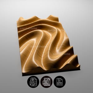 May include: A wooden decorative panel with a wave-like design. The panel is light brown with a wood grain texture and the text "sunarhome" is visible. The panel has a series of icons at the bottom, including STL, OBJ, and STP.