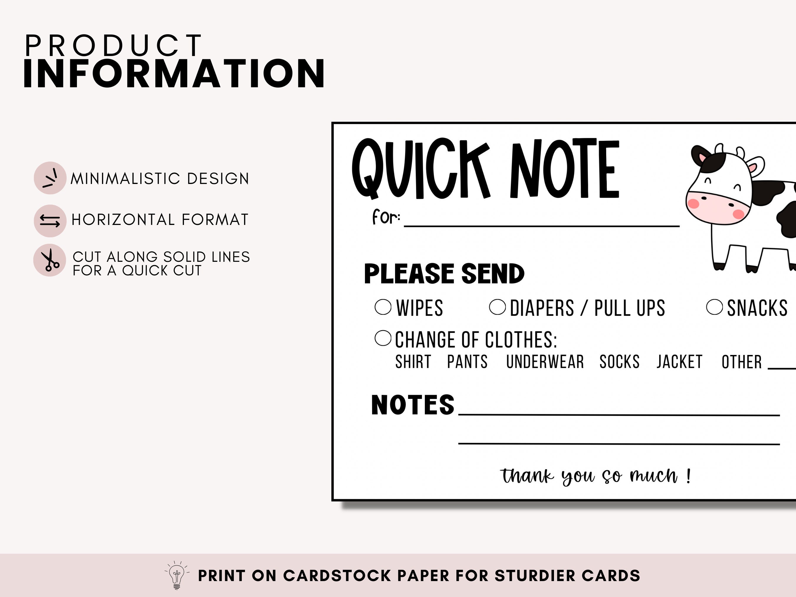 Cow Notes Cow Note Card, Printable Daycare Teacher Mail,parent Reminders - Etsy