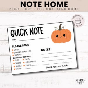 Puede incluir: Una tarjeta de notas imprimible blanca con el texto "QUICK NOTE" y una ilustración de calabaza naranja. La tarjeta incluye secciones para los artículos "PLEASE SEND" como toallitas y pañales, y un espacio para notas. El texto "thank you so much!" está en la parte inferior.