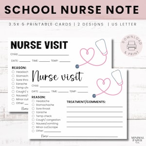 May include: Two printable school nurse visit note cards with a stethoscope and heart design. The cards have fields for child's name, date, time, temperature, reason for visit, and treatment/comments. The text "Download & Print" is in a circle on the right side of the image.