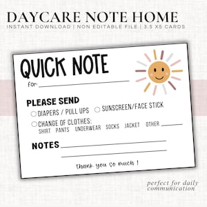 Printable Daycare Note | Teacher Going Home Note | Daycare Mail | Note from Teacher | Daycare Report