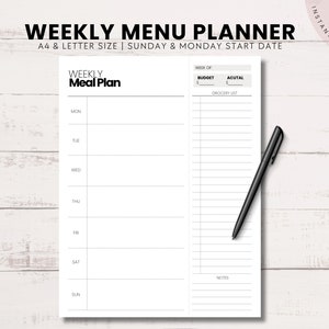 Meal Planner with Grocery List, Printable Weekly Menu, Shopping List