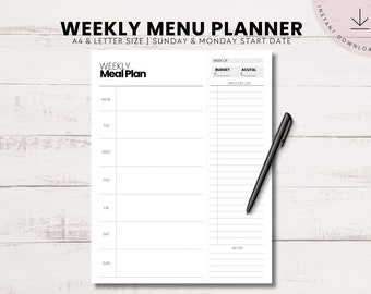 Planificateur de repas avec liste de courses, menu hebdomadaire imprimable, liste de courses