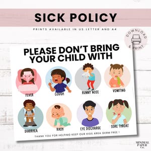 Sick Policy for Bulletin Boards, Childcare Illness Poster, Printable Daycare and Childcare Signs, Classroom Decor