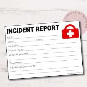 Incident Report,Childcare Report, Daycare Boo Boo Report, Ouch Report, Printable Injury Report, Child Incident Report Form