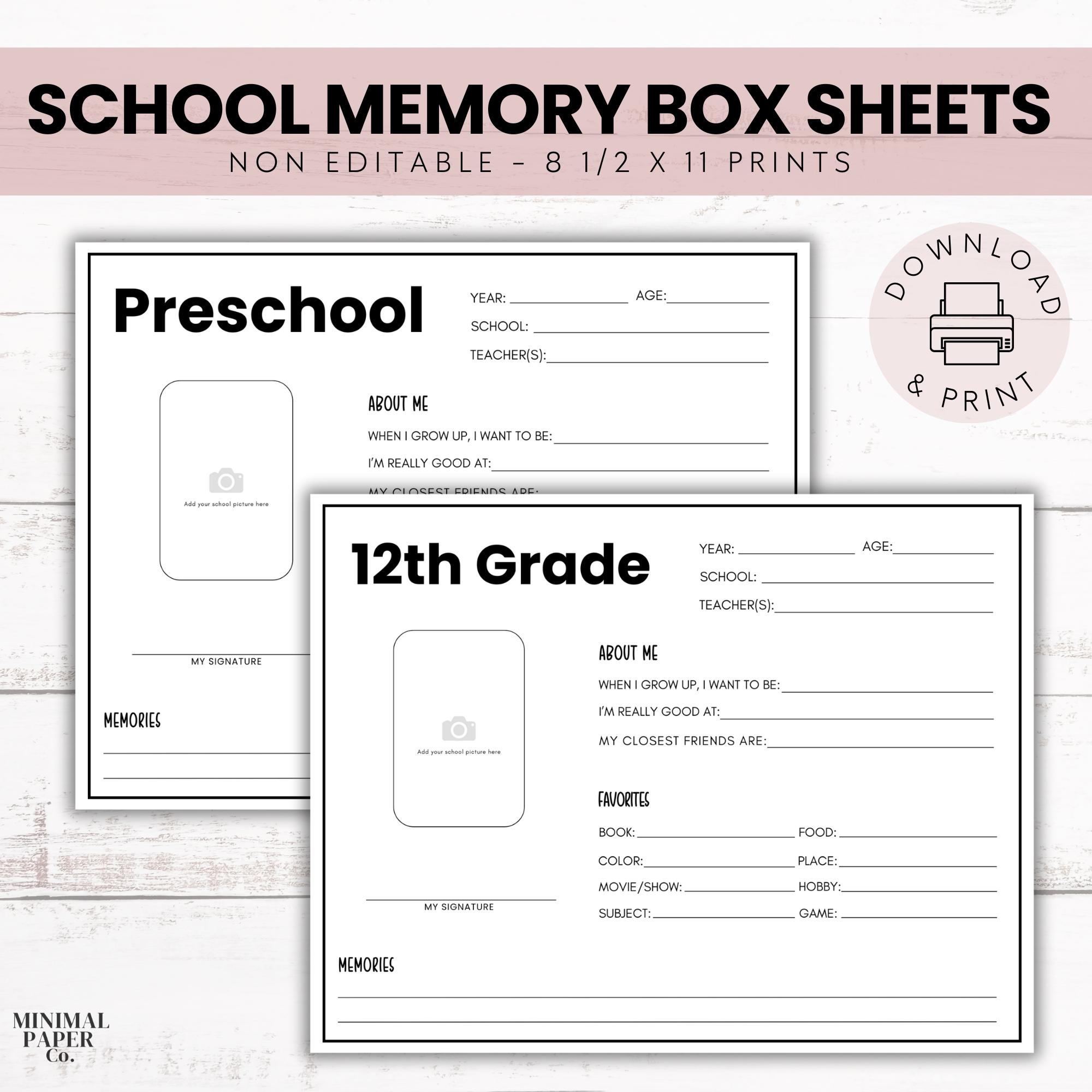 School Memory Box, Printable School Keepsake, School Memory Questions ...