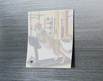 May include: A cheetah wearing a blue shirt runs on a treadmill in a gym setting. The cheetah is on a treadmill with a black frame and a gray running surface. The cheetah is running towards the right side of the image.