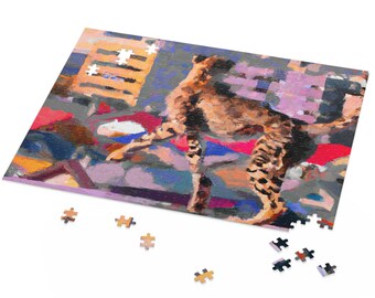 May include: A colorful jigsaw puzzle featuring a cheetah leaping in a vibrant abstract background. The puzzle is partially assembled with a few pieces missing.