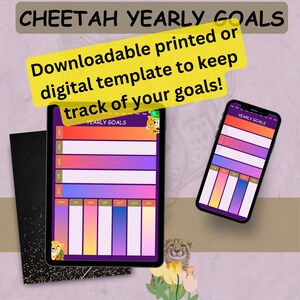 May include: A digital printable yearly goal tracker with a cheetah design. The tracker is divided into months, with each month having a gradient color scheme. The text "YEARLY GOALS" is at the top of the tracker.