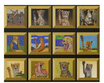 May include: A collage of nine framed images featuring cheetahs in various poses. The cheetahs are depicted in a variety of settings, including a throne, a starry night sky, and a jungle scene. The frames are all gold and have a black background.