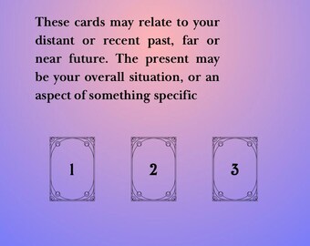 May include: A purple and blue background with the text "3 Card Past Present & Future". The image includes three tarot cards labeled 1, 2, and 3. Text on the image describes the cards and their meanings.