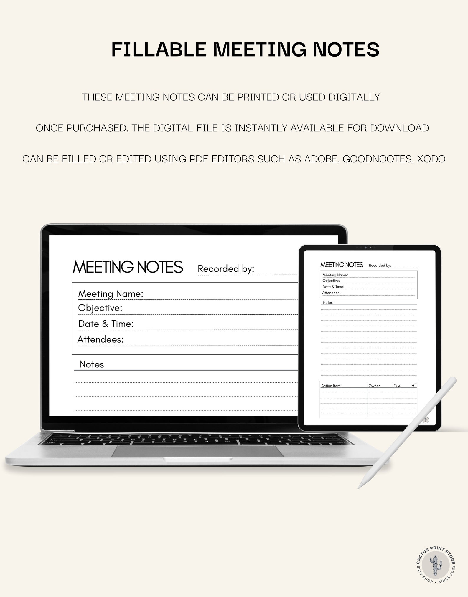 Meeting Notes Printable, Fillable Meeting Notes, A4/US Letter PDF