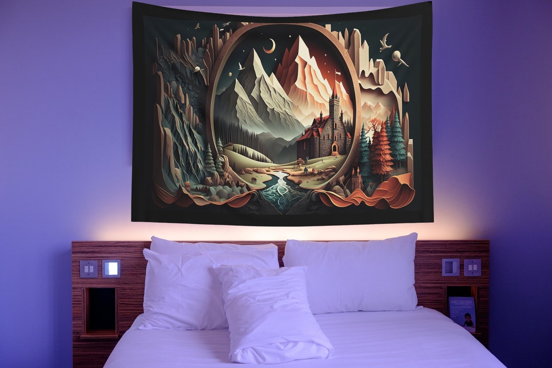 Illustrated Fairy Tale Landscape Indoor/outdoor Wall Tapestry. Washable