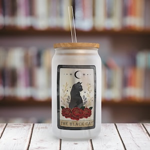 Halloween gato negro cerveza lata vidrio gato brujo taza de café regalo de Halloween taza de café helado temporada espeluznante carta de tarot taza de café de Halloween