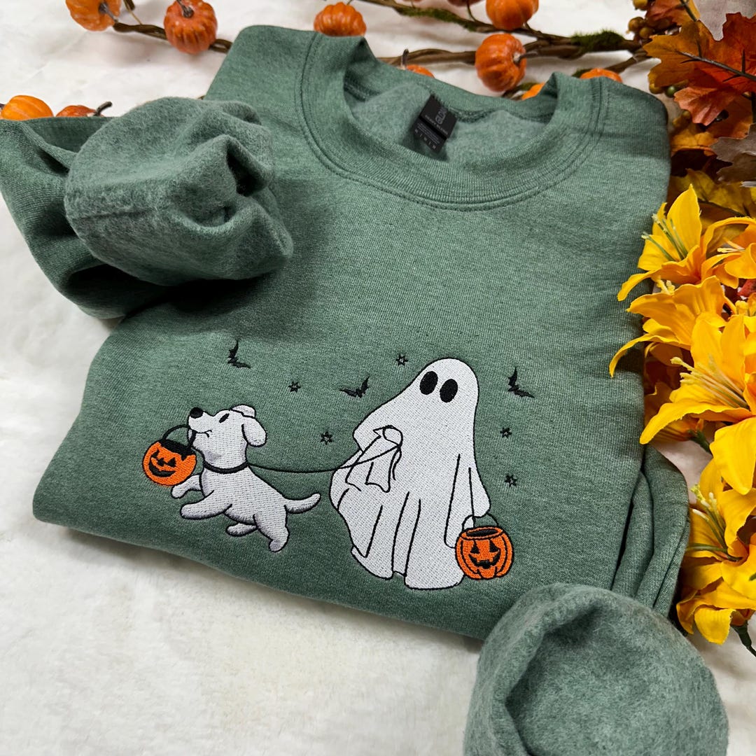Embroidered Сute Ghost Dog Sweatshirt Funny Sweatshirt Dog Lovers