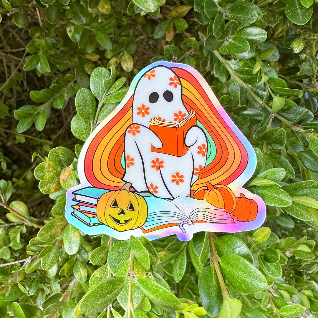 Bookish Ghost Reading Sticker | Retro Spooky Book Sticker | Holographic ...