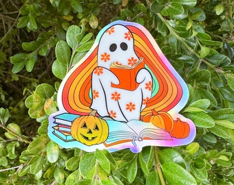 Bookish Ghost Reading Sticker | Retro Spooky Book Sticker | Holographic Waterproof Kindle Laptop Sticker | Ghost Sticker|Spooky Sticker|Fall
