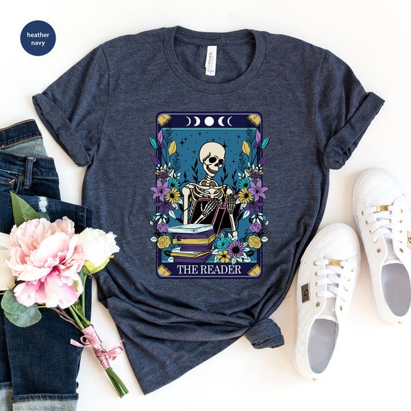 The Reader Tarot Card Shirt, Halloween Book Tee, Bookish Shirt, Witchy Stuff Mystical Literature Tee, Skeleton Librarian Shirt, Gift for Her