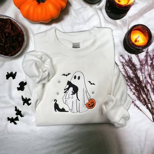 Halloween Sweatshirt Embroidered, Cute Black Cat Crewneck For Women, Ghost With Black Cats Embroidered Shirt, Spooky Cat Mom Fall Sweater