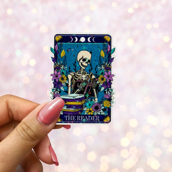 The Reader Tarot Card Holographic Stickers | Bookish Sticker | The Reader Sticker | Skeleton Tarot Card Sticker | Waterproof Kindle Laptop