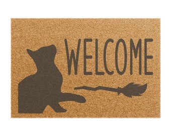 Fall Welcome Doormat Halloween Doormat Holiday Doormat Outdoor Doormat Spooky Doormat Witch's Broom Welcome Mat Autumn doormat Cat Porch