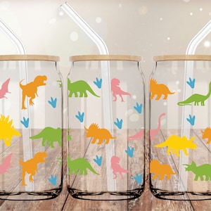 Dinosaur UVDTF 16oz Cup Wrap | Cup Wrap for Glass Can | UV DTF Wrap | Ready to Apply Permanent Adhesive | No Heat Needed