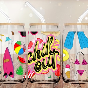 Chill Out Summer Time UVDTF 16oz Cup Wrap | Cup Wrap for Glass Can | UV DTF Wrap | Ready to Apply Permanent Adhesive | No Heat