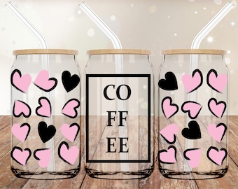 Emballage de tasse UVDTF 16 oz Coffee Hearts | Emballage pour boîte de conserve en verre | Emballage UV DTF | Adhésif permanent prêt à poser | Pas besoin de chaleur