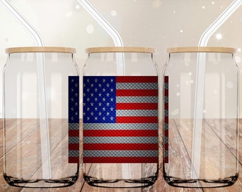Calcomanía UVDTF con la bandera estadounidense para latas de vidrio / Envoltura UV DTF para vasos / Adhesivo permanente listo para aplicar / No requiere calor / Resistente al agua