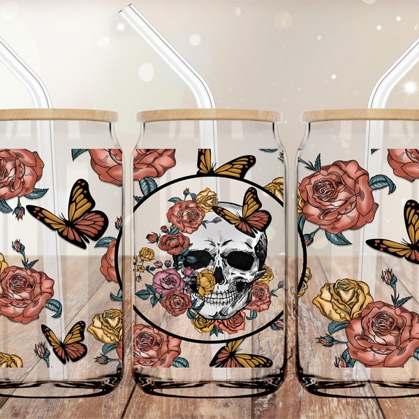 Skull Rockabilly UVDTF 16oz Cup Wrap | Cup Wrap for Glass Can | UV DTF Wrap | Ready to Apply Permanent Adhesive | No Heat Needed