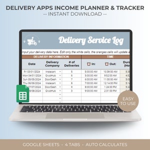 Puede incluir: Una pantalla de computadora portátil que muestra una plantilla de hoja de cálculo de Google para realizar un seguimiento de los ingresos de las aplicaciones de entrega. La hoja incluye columnas para la fecha, la empresa de entrega, el número de entregas, la hora de entrada, la hora de salida y la duración. La hoja se titula "Registro de servicio de entrega" y tiene una nota que dice "Ingrese sus datos de entrega aquí. Edite solo las celdas blancas, las celdas naranjas se actualizarán automáticamente."