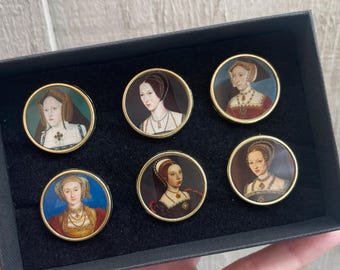 Full Set Pin Badges Six Queens Tudor Portrait Jewellery Henry VIII Wives