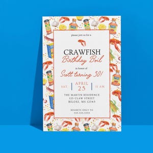 May include: A rectangular invitation card with a white background and a border of crawfish, lemons, and bottles. The text reads "CRAWFISH Birthday Boil" in honor of Scott's 30th birthday, with date and time details.