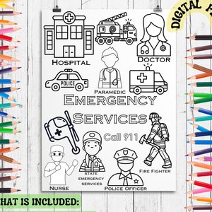 Emergency services Coloring in Activity, 911, Quiet Activity for Kids, Child Safety Activity, Local Heroes Activity, Safety Activity for Kid