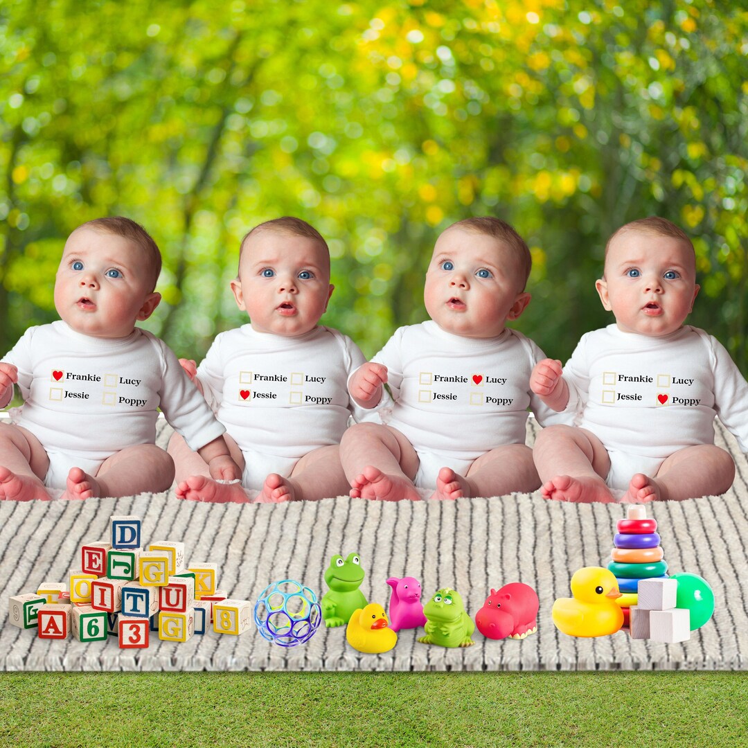 Quadruplets Name Checklist Bodysuit, Quadruplets Baby Announcement