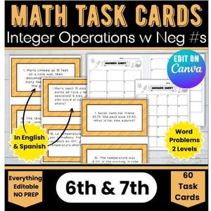 Pode incluir: Cartões de tarefas de matemática para operações com inteiros da 6ª e 7ª séries com números negativos. Inclui problemas de palavras em inglês e espanhol. A imagem mostra cartões de tarefas, folhas de respostas e o texto "Edit on Canva".