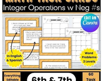 Math Adding Subtracting Multiplying Dividing Negative Integers Fractions Decimals Bilingual Task Card English Spanish Printable Word Problem