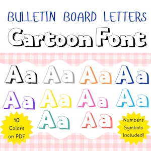 May include: A set of printable bulletin board letters in a cartoon font. The letters are in various colors, including black, white, purple, yellow, pink, blue, orange, and teal. The letters are in a bold, playful style. The text "BULLETIN BOARD LETTERS Cartoon Font" is at the top of the image. The text "10 Colors on PDF" is in a yellow starburst shape at the bottom left of the image. The text "Numbers Symbols Included!" is in a yellow starburst shape at the bottom right of the image.