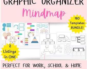 Brainstorm Mind Map Printable Planner, Mindmap Study Guide Template, Brain Dump, Concept Note Taking Graphic Organizer Diagram BW & Color