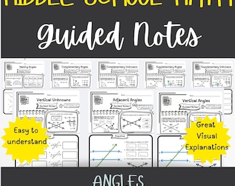 Géométrie Angles complémentaires verticales adjacentes Pré-algèbre Notes guidées de mathématiques pour le collège Notes de leçon Fiche d'exercices pour l'école à la maison