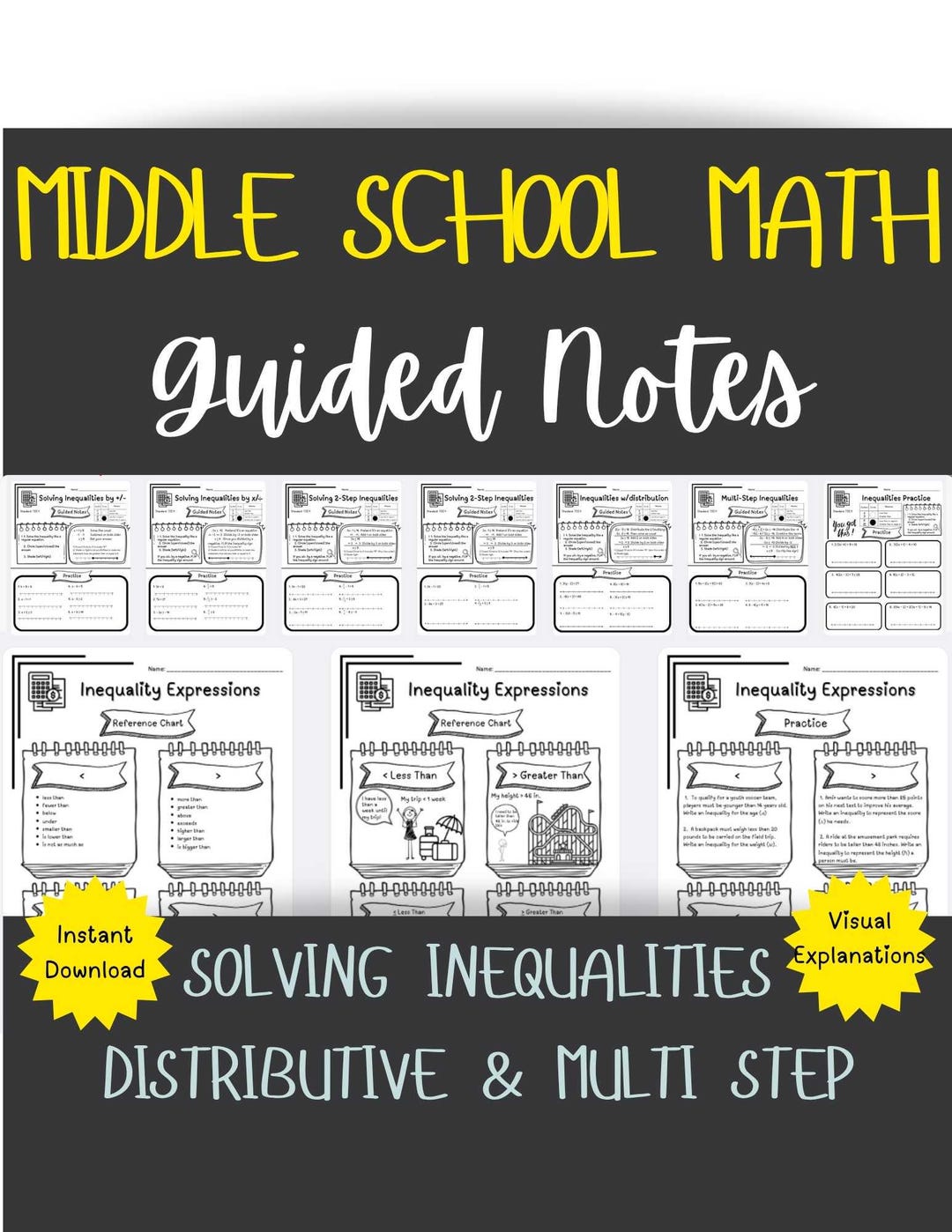 Inequalities Pre-algebra Middle School Math Review Worksheet Guided ...