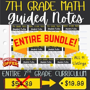 Op de afbeelding: Zwart-witte afbeelding met de tekst "7th Grade Math Guided Notes" in handschriftstijl. De afbeelding bevat een banner met de tekst "Entire Bundle!" en een speciale aanbieding voor het hele 7e leerjaar curriculum.