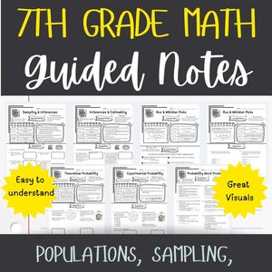 Può includere: Una raccolta di appunti guidati di matematica di 7a elementare. Il titolo è in giallo, con le parole "appunti guidati" in bianco. Gli argomenti includono Popolazioni, Campionamento, Box & Whisker e Probabilità. L'immagine include anche le frasi "Facile da capire" e "Grandi immagini".
